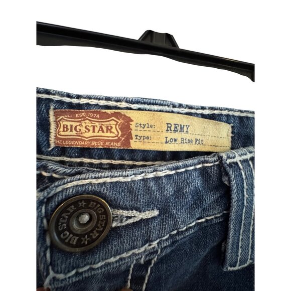 Big Star Remy Womens 32 Low Rise Bootcut Denim Jeans Distressed Wash Blue Stitch - Picture 3 of 5